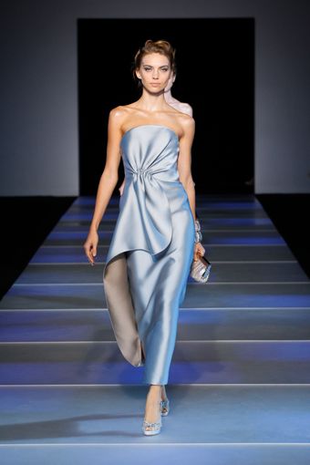 Giorgio Armani Spring 2012 Satin Silk Asymmetrical Bustier Gown In Grey - Lyst