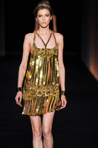 Roberto Cavalli Spring 2012 Gold Sequin Cocktail Dress With Psychedelic Multi Print Detail - Lyst