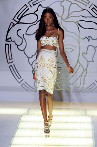 Versace Spring 2012 White Gold Studded Knee Lenght Pencil Skirt - Lyst