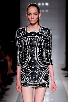 Balmain Spring 2012 White 3/4 Sleeve Skintight Mini Dress With Black Leather Applique And Embroidery  - Lyst