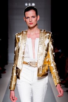 Balmain Spring 2012 White Long Sleeve Jacket With Golden Leather Applique - Lyst