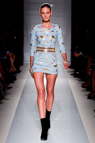   Wallpaper on Balmain Spring 2012 Denim Wallpaper Motif Mini Dress In Blue  Gold