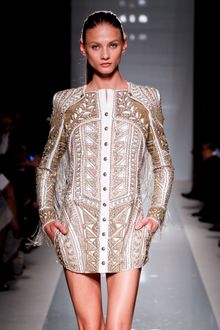Balmain Spring 2012 Gold Embroided Mini Dress With Fringed Sleeves - Lyst