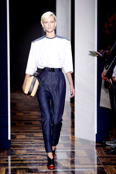 Balenciaga Spring 2012  Denim Pants Belted To The Waist, Pleated Through The Thigh in Blue - Lyst