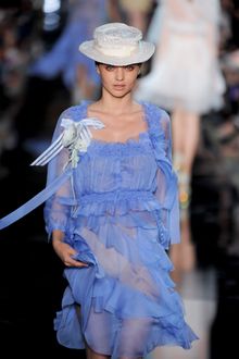 John Galliano Spring 2012 Sheer Bias Cut Dress With Ruffles In Blue - Lyst