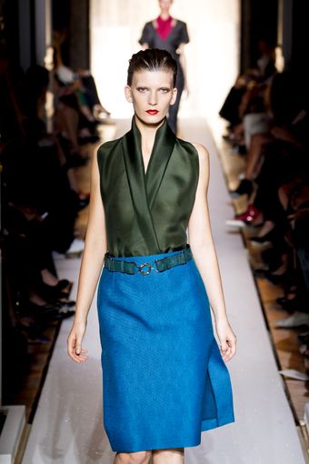 Yves Saint Laurent Spring 2012 Blue Jacquard Skirt with Belt - Lyst