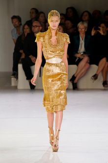 Alexander McQueen Spring 2012 Gold Plisse & Ruffle Neck Detail Evening Dress With Military Shoulders - Lyst