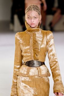 Alexander McQueen Spring 2012 Gold High Collar Plisse & Ruffle Detail Jacket  - Lyst