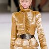 Alexander Mcqueen Spring 2012 Gold Plisse Detail & Ruffle Trim Pencil Skirt  in Gold - Lyst