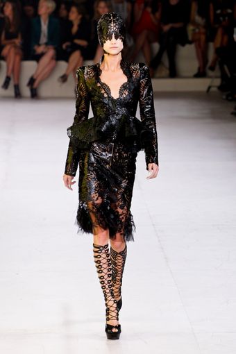 Alexander McQueen Spring 2012 Black Cut Out Shiny Leather Knee Lenght Skirt with Tulle Trimmed Bottom - Lyst