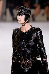 Alexander McQueen Spring 2012 Black Cut Out Shiny Leather Peplum Jacket with Gold Zip Trimmings