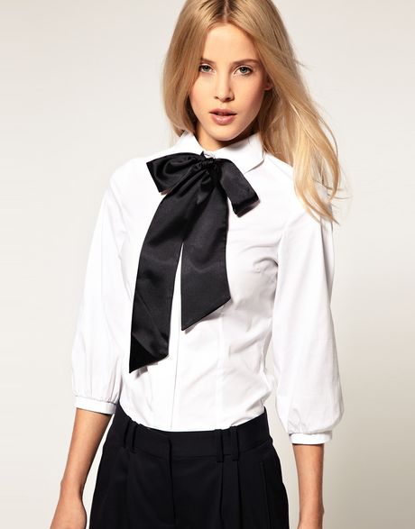 Asos Collection Asos Cotton Shirt with Contrast Satin Bow in White - Lyst