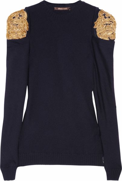 Roberto Cavalli Embellished Wool Sweater in Blue (navy) - Lyst