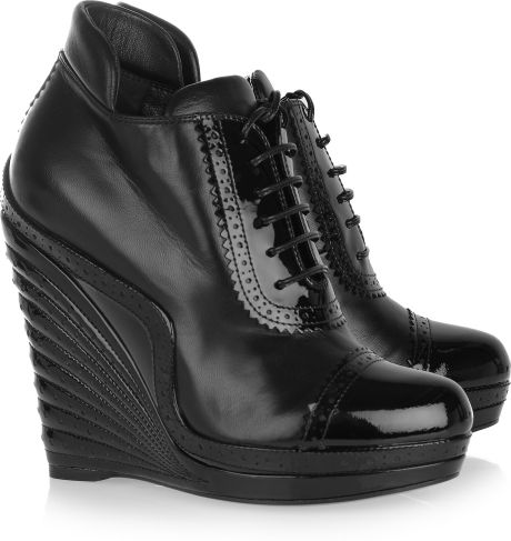 Yves Saint Laurent Leather and Patentleather Wedge Ankle Boots in Black - Lyst