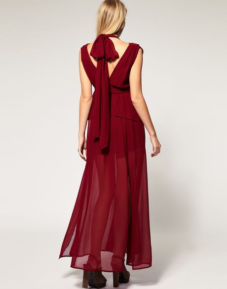 ... Asos Petite Exclusive Maxi Dress with Slit Front Skirt in Red