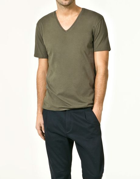 Zara V-neck T-shirt in Green for Men (khaki) | Lyst