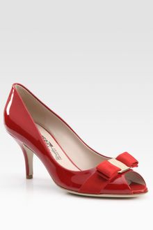 Ferragamo Ribes Patent Leather Peep Toe Bow Pumps - Lyst