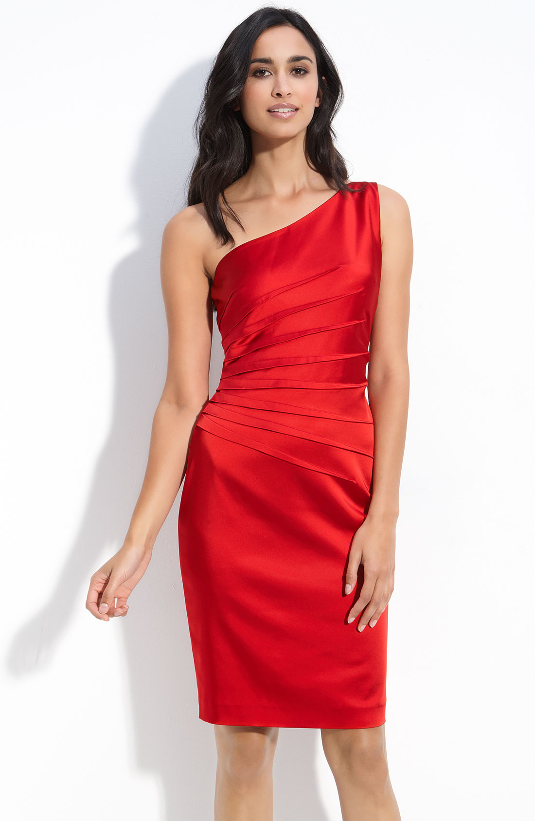 Calvin Klein Pleated One Shoulder Stretch Satin Sheath Dress in Red | Lyst