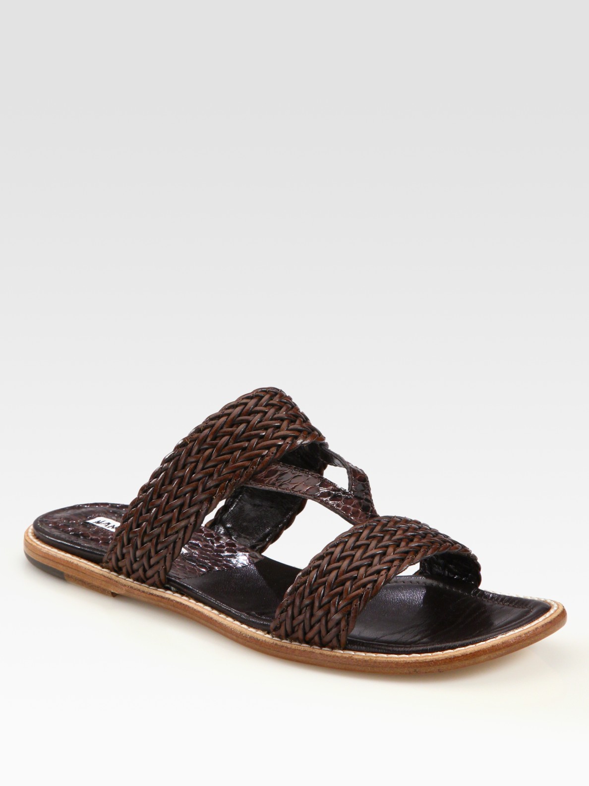 Manolo Blahnik Woven Leather Slide Sandals in Brown | Lyst
