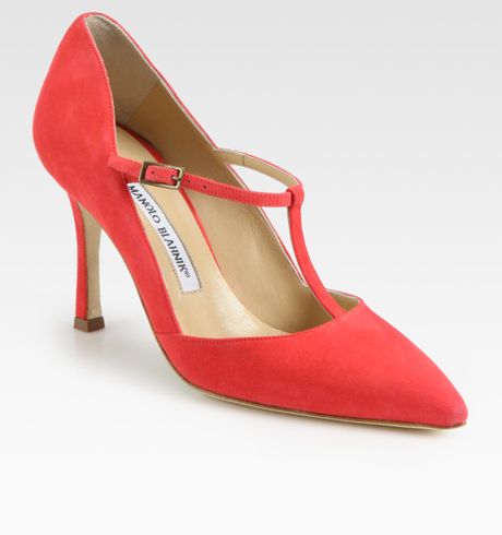 Manolo Blahnik Suede Mary Jane Tstrap Point Toe Pumps in Pink (coral) - Lyst