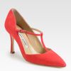 Manolo Blahnik Suede Mary Jane Tstrap Point Toe Pumps in Pink (coral) - Lyst