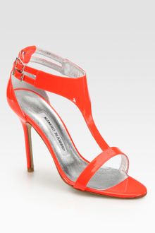 Manolo Blahnik Patent Leather T-strap Sandals - Lyst