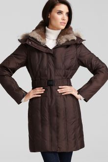 Andrew Marc Belted Down Coat with Fur Hood and Collar - Lyst