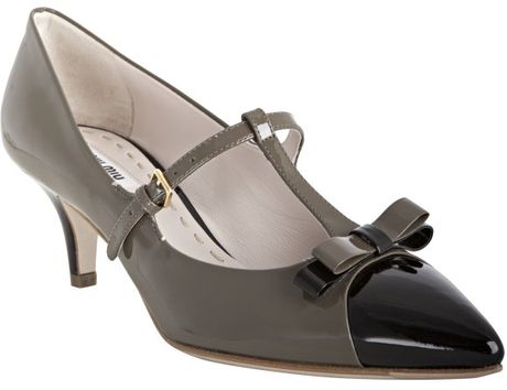 Miu Miu Black and Clay Patent Leather Mary Jane Tstrap Kitten Heels in Gray (black) - Lyst