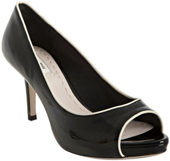  Black Patent Leather Contrast Piped Peep Toe Pumps 