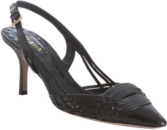  Black Leather Woven Pointed Toe Slingbacks 