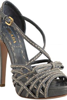 Prada Blue Stitched Leather Strappy Bow Detail Heels - Lyst