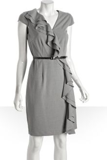 Calvin Klein Grey Stretch Ruffle Front Belted Cap Sleeve Dress - Lyst
