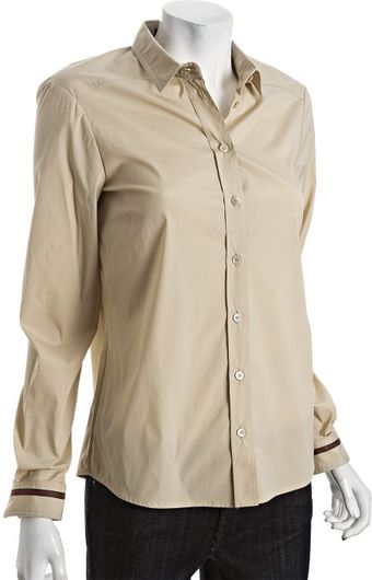  Beige Stretch Cotton Blend Striped Cuff Button Front Shirt 