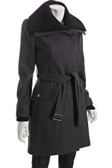 Kenneth Cole Graphite Wool Blend Knit Collar Belted Coat - Lyst