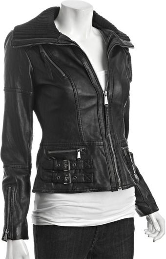 Michael by Michael Kors Black Leather Knit Collar Bomber Jacket - Lyst