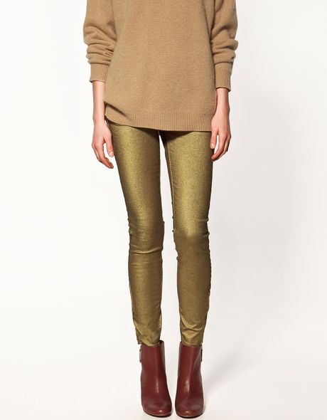 Zara Gold Jeans in Gold | Lyst