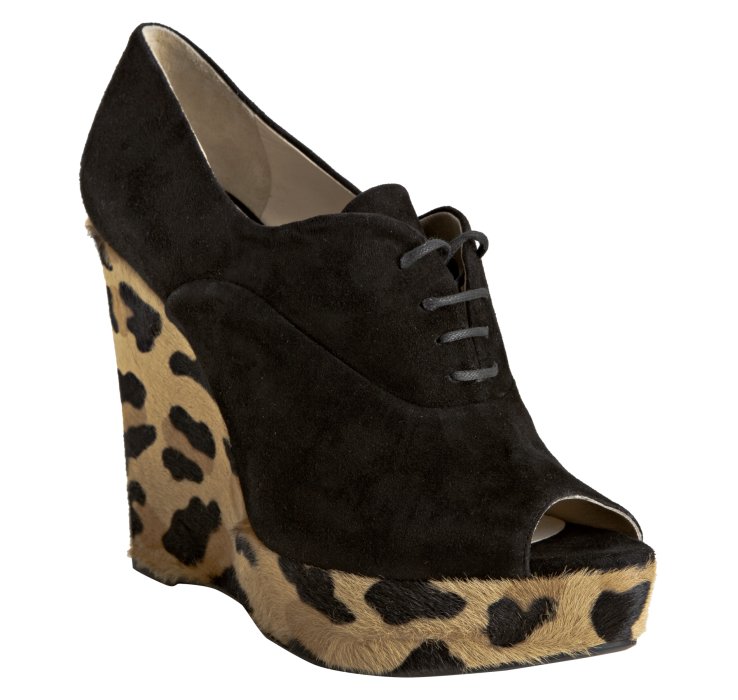 Prada Suede Leopard Print Calf Hair Peep Toe Wedges in Black | Lyst