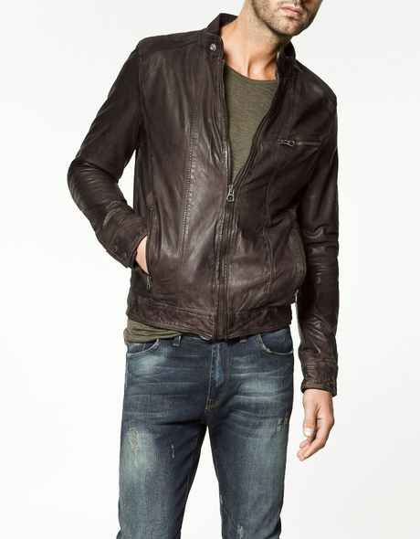 Zara Leather Jacket with Topstitching in Brown for Men (maroon) | Lyst