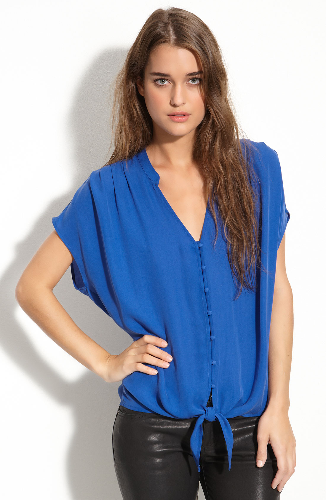 Joie Baxter Dolman Sleeve Tie Front Silk Blouse In Blue 