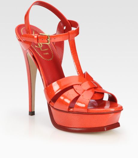 Yves Saint Laurent Strawembossed Patent Leather Tstrap Platform Sandals in Red (poppy) - Lyst