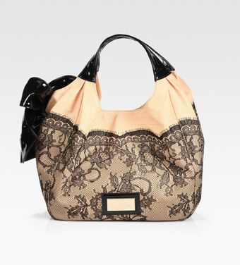 Valentino Lace-trimmed Staw & Patent Leather Hobo Bag - Lyst