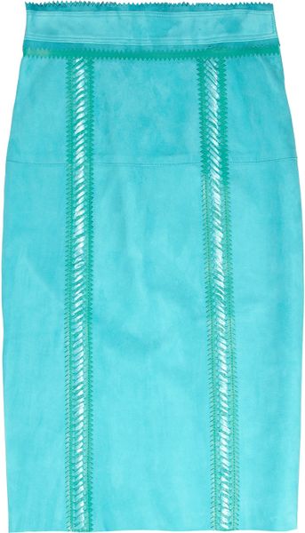 Burberry Prorsum Raffiatrimmed Suede Pencil Skirt in Blue (aqua) - Lyst