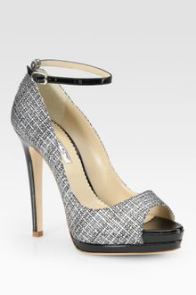 Oscar de la Renta Amalia Tweed-print Patent Leather Peep Toe Platform Pumps - Lyst