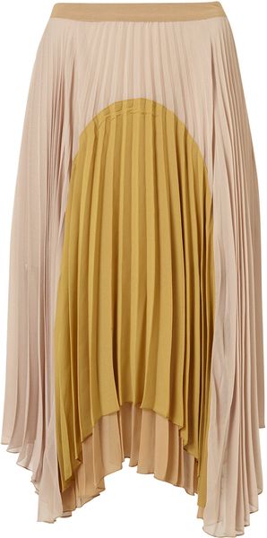Topshop Pleat Colour Block Calf Skirt in Beige (nude) - Lyst