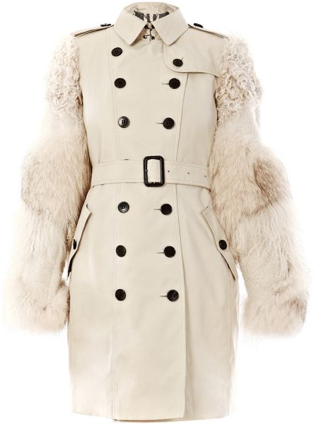 Burberry Trench Coat with Fox Fur Sleeves in Beige - Lyst