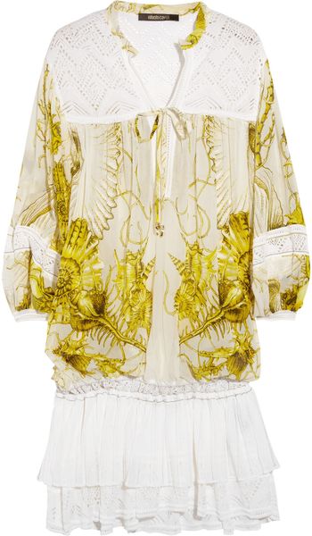 Roberto Cavalli Printed SilkChiffon And Crochet Dress in Yellow - Lyst