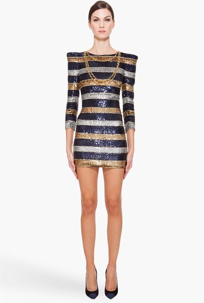 Balmain Silk Stripe Sequin Dress in Blue (navy) - Lyst