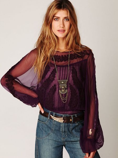 Free People Embroidered Sheer High Neck Top in Purple (plum) - Lyst