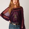 Free People Embroidered Sheer High Neck Top in Purple (plum) - Lyst