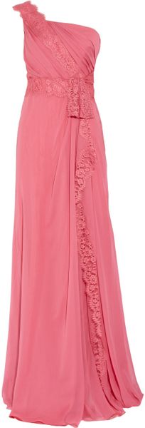 Alberta Ferretti Oneshoulder Lacetrimmed Silkchiffon Gown in Pink (coral) - Lyst